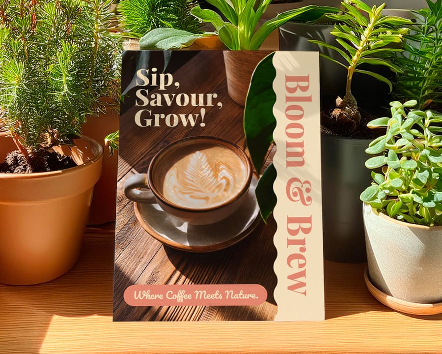 Folded A5 leaflet on a wooden shelf with green plants, featuring a modern, fun design and the title 'Sip, Savour, Grow.'