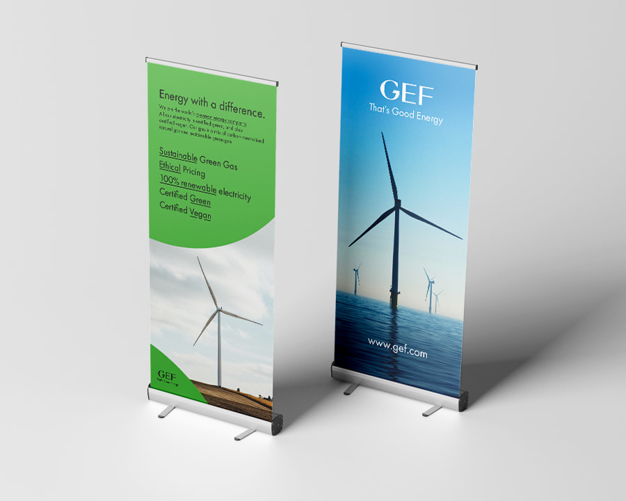 Two roller banners featuring vibrant graphics, ideal for trade shows, events, or promotional displays.