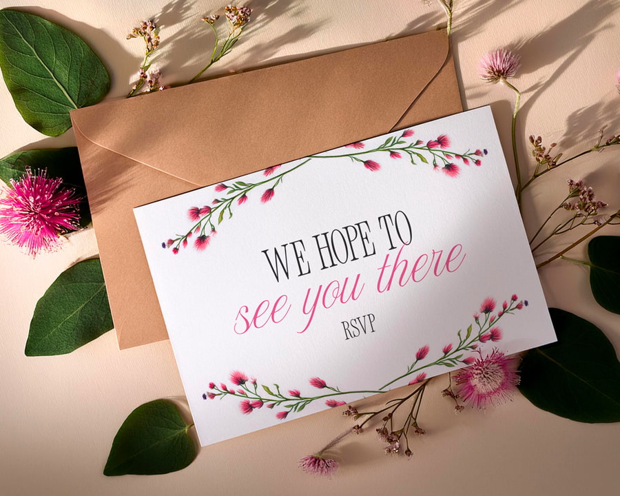 Printed invitation card displayed beside wildflowers, highlighting premium invitation printing for weddings and special events.