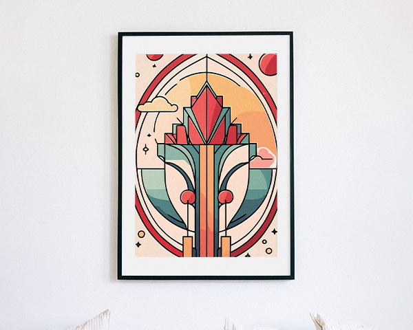 An art deco style art print in a frame hung on a white wall.